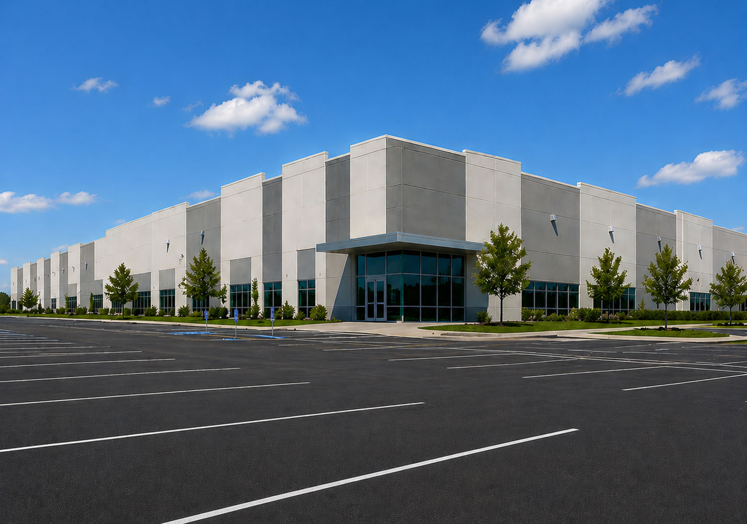 Commercial property with freshly painted parking lot striping