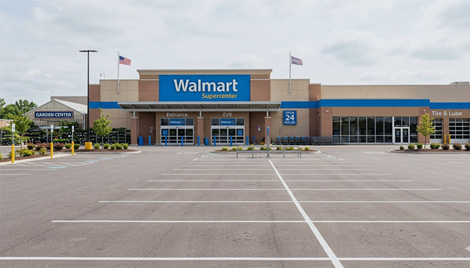 Walmart parking lot with fresh striping and signage in Louisville, Kentucky